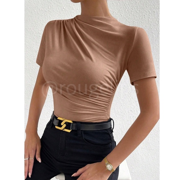 Ruched Tan Asymmetrical Short Sleeve Bodysuit  Stretchy - Picture 7 of 10